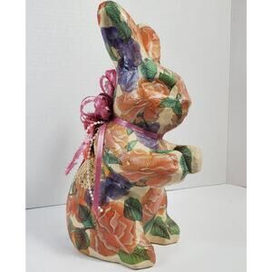 Decoupage Floral Paper Mache Bunny 10.5" Easter Decor Lace Pearl Ribbon